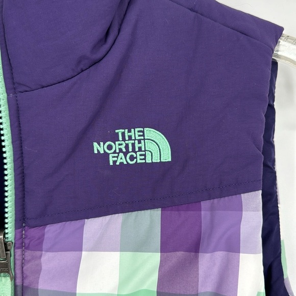 The North Face Girl's Reversible Plaid Puffer Vest Purple Mint White - Picture 5 of 11